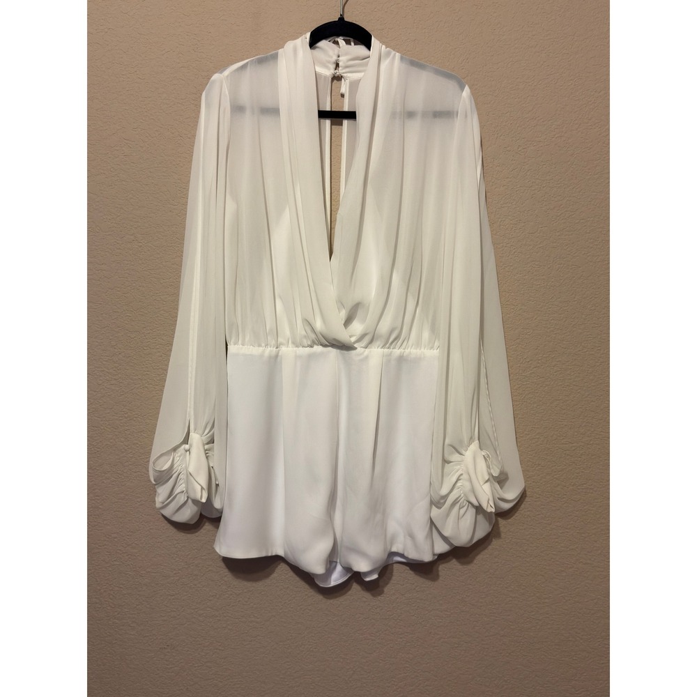 House of CB London White Slit Long Sleeve Draped Romper Sheer V-neck Party Large